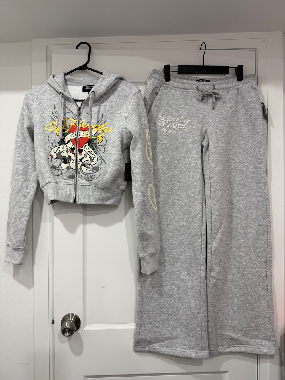 Ed Hardy Light Grey Skull Zip Hoodie & Bottom Set